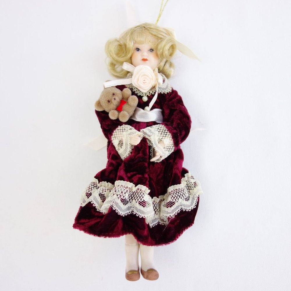 Porcelain Bisque‎ Doll Dressed in Victorian Velvet Dress Hanging Ornament 7"